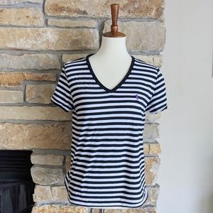 RALPH LAUREN Black and White Stripe V-Neck T-shirt